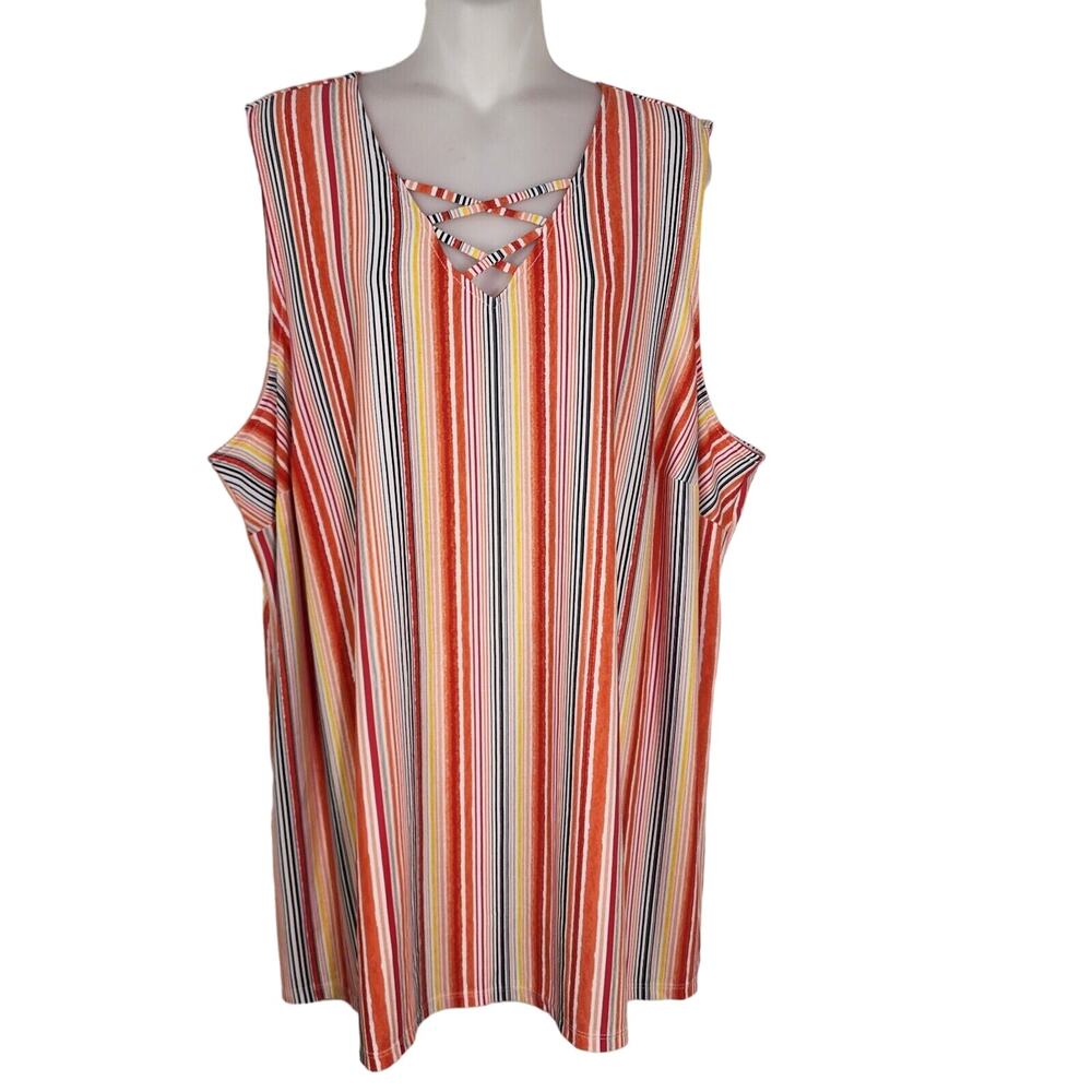Catherines Black Label Womens Tank Top 2X Sleeveless Orange Stripes Criss Cross